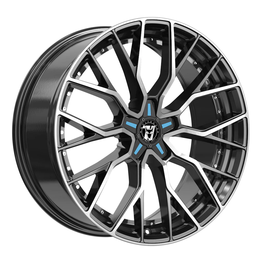 Wheel & Tyres Package( Wolfrace 71 Munich GTR CUSTOM Gloss Raven Black Polished Blue Inserts + 255/35R20 FULDA SPTC2X 97YXL )